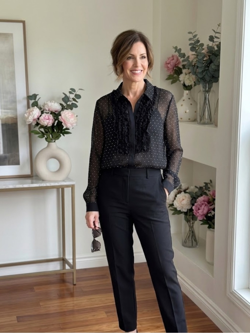 Zara Black Sheer Button-Down Blouse with Ruffle Bib